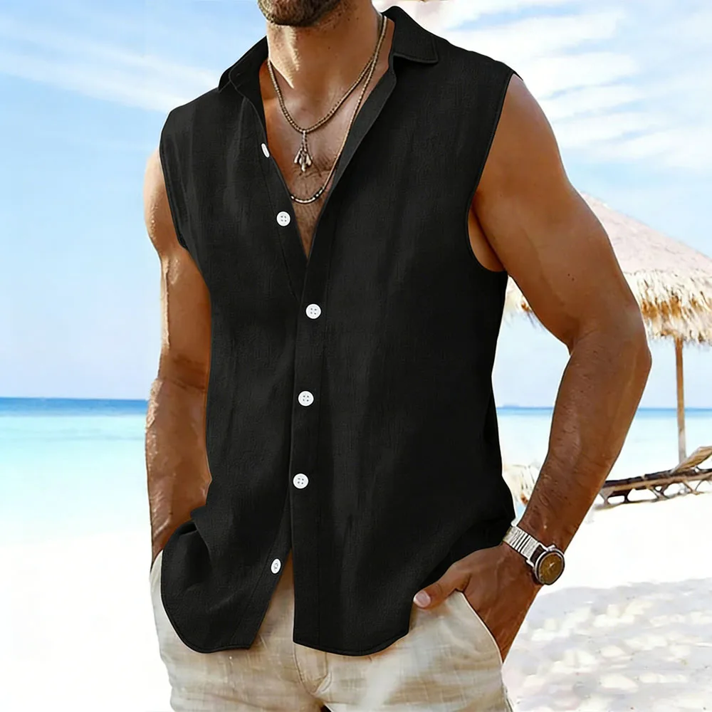 

2026 Men's Sleeveless Cotton Linen Shirt Turn Down Collar Button Up Casual Beach Tops