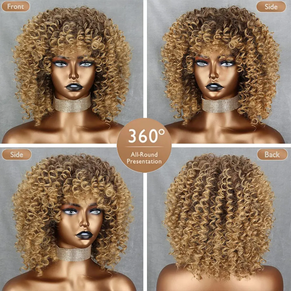 Gold Curly Afro Wig for Women, Kink gold Curly Wigs for Women, Natural Synthetic Curly Wig with Bangs