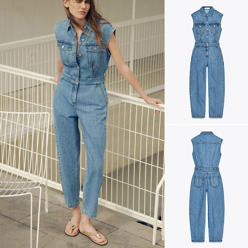 

Весенне-летние женские джинсовые комбинезоны с металлическими пуговицами и украшениями с воротником-стойкой, прямые брюки с высокой талией
