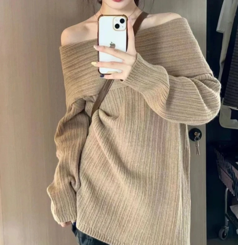 

One Shoulder Sweater for Women's Autumn and Winter New Style Lazy Stylish with a Bottom Layer and Shoulder Knit