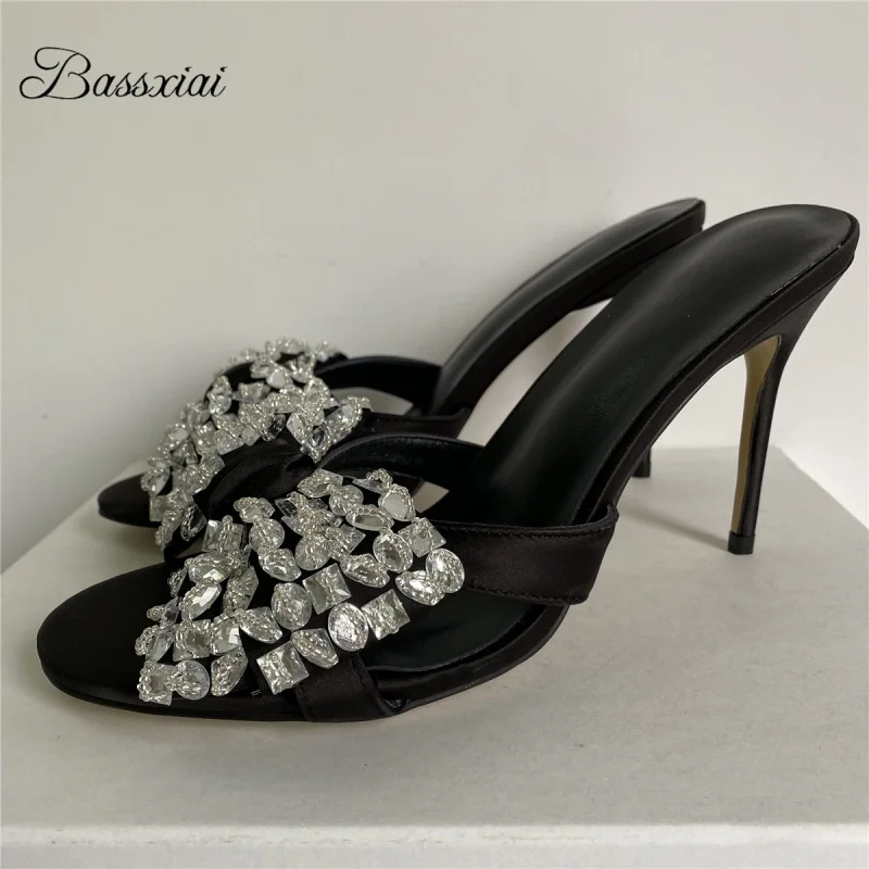 

Jeweled Diamond Butterfly-Knot Women Sandals 10cm Stiletto Heel Slingbacks Luxury Satin Summer Shoes