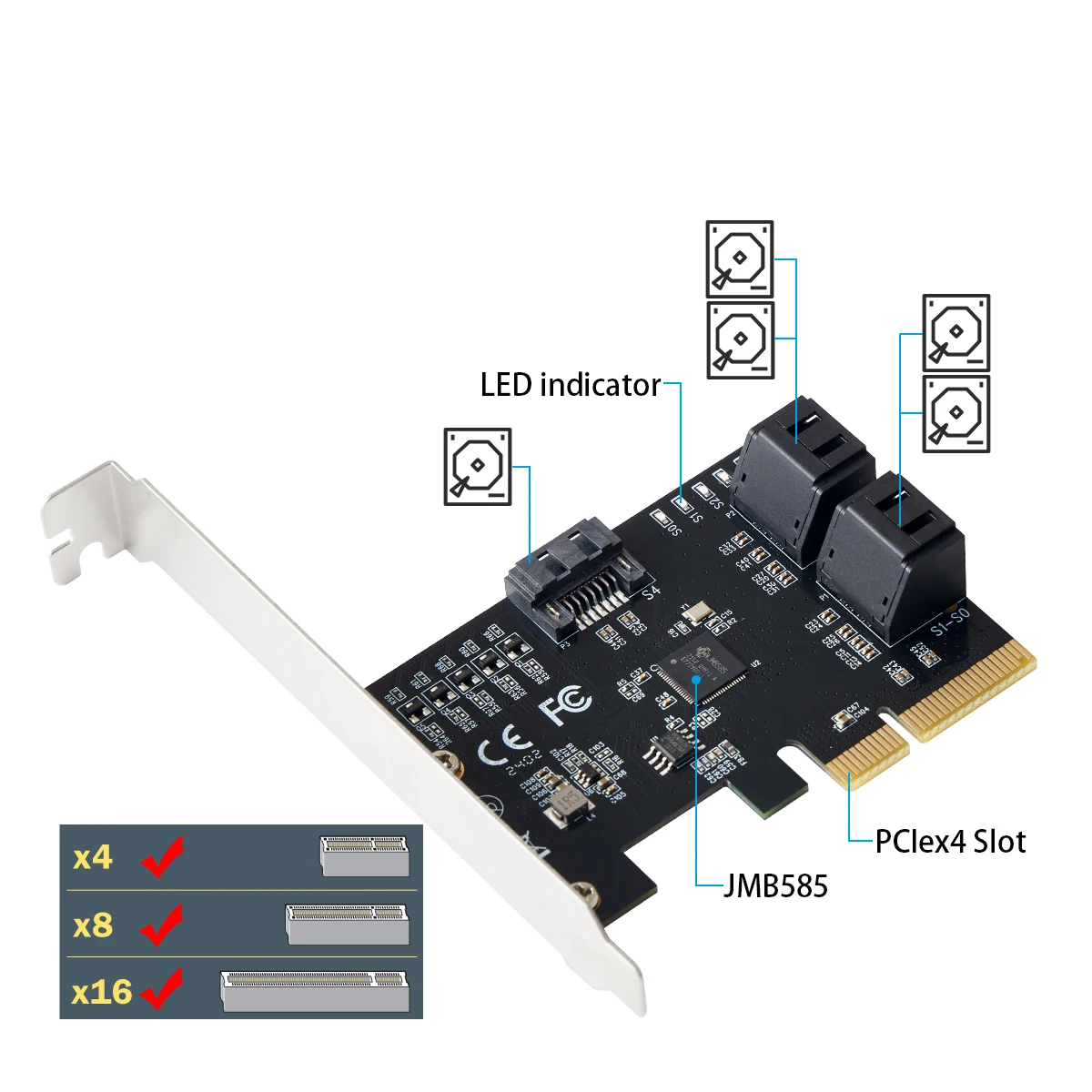 5 Port SATA III PCIE X4 to SATA 3.0 PCI Express Converter Computer Hard Disk Bit SATA Expansion Card Adapter JMB585 Chip - Image 3