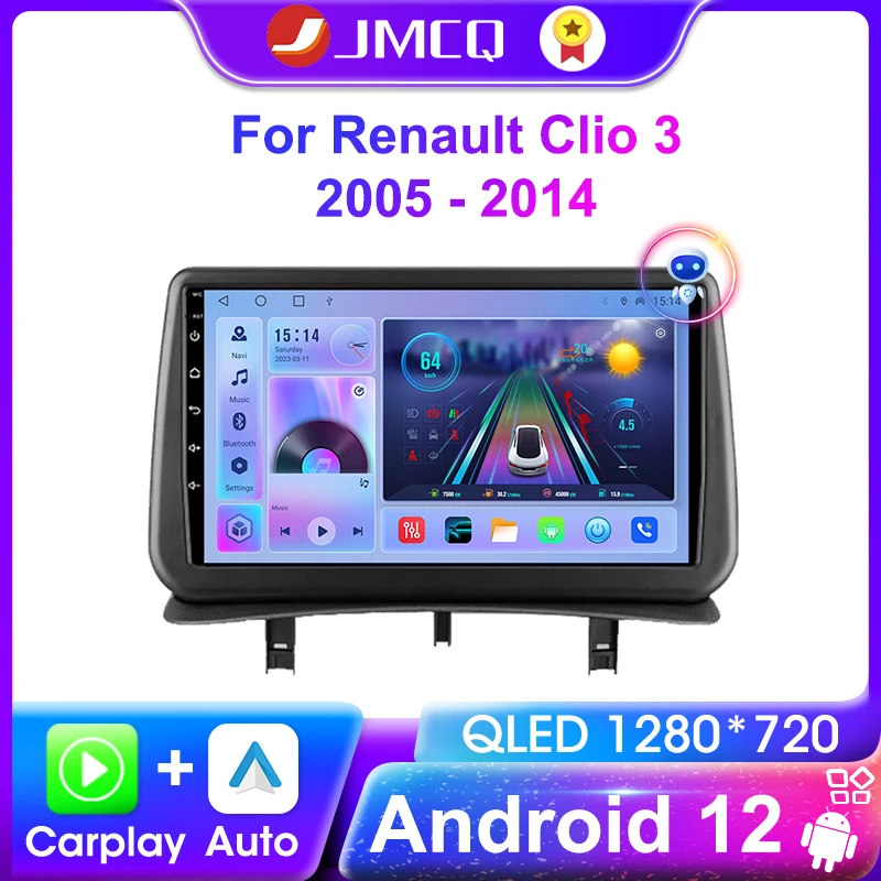 

JMCQ Car Radio Android Multimedia Player For Renault Clio 3 2005 - 2014 Carplay Auto Touch Screen GPS 2Din Andriod 12 Autoradio