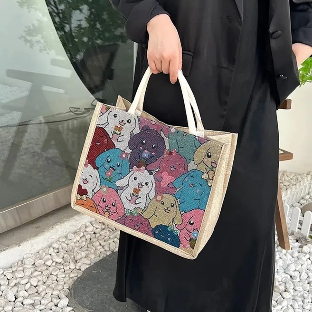 Bolso de mano con estampado de conejo y mariposa para mujer, bolsa de playa de gran capacidad, bolso de compras ligero