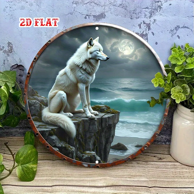 2D Flat - Aluminum Featuring a Majestic Wolf, a Round Design Depicting a Moonlit Night, Wall Art Embodies Signage for Homes