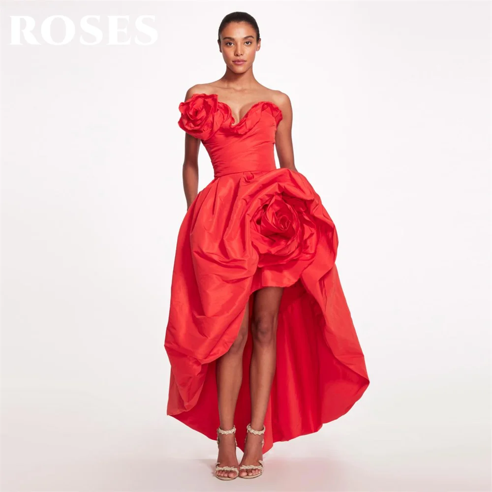 

ROSES Red A-Line Sexy Sweetheart Special Occasion Dress Stain 3D-Flowers High and Low Formal Gown Long Evening Dress Customized