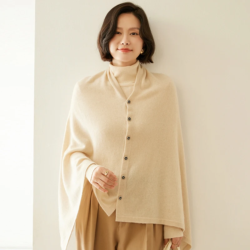 100% Cashmere Shawl irregular Cloak For Autumn Winter Fashion Korean Scarf With Buckle Cardigan Knitted Shawl For Outerwear