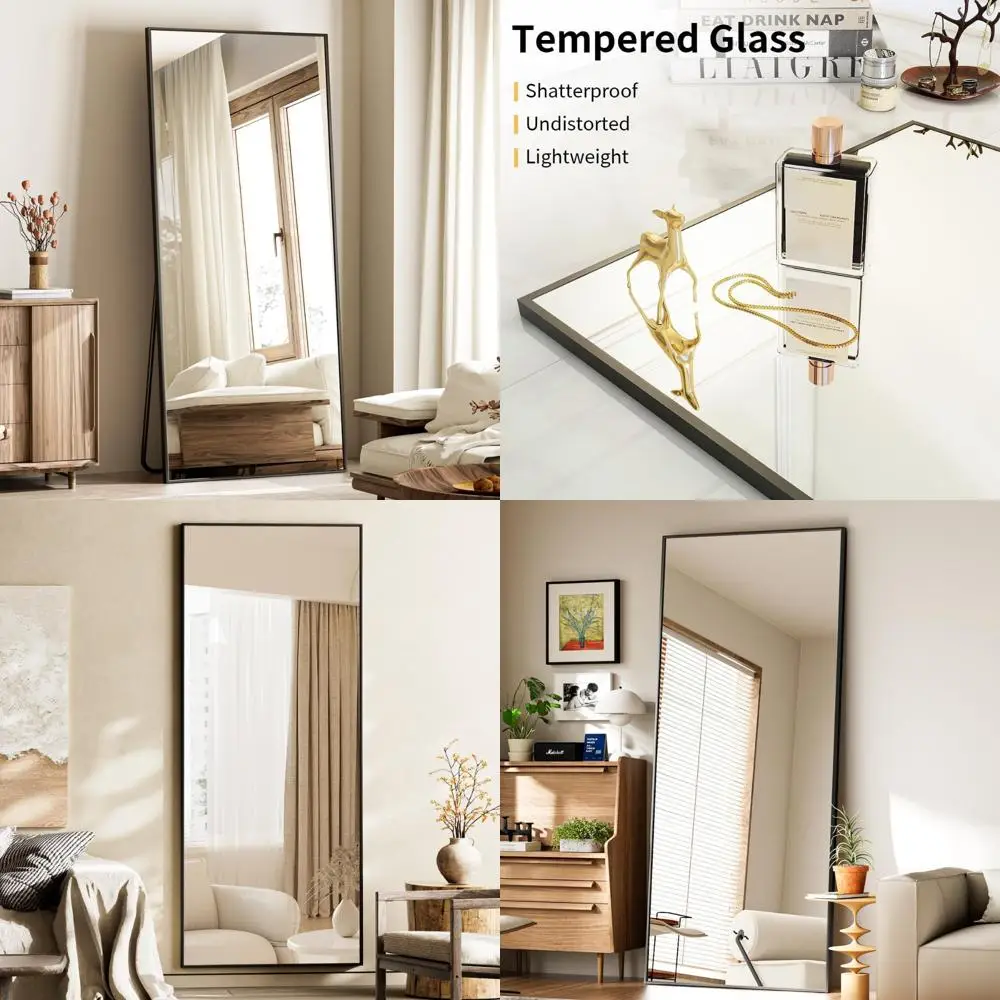 Vloerspiegel over de volledige lengte 24x65" met standaard, frame van aluminiumlegering, ideaal voor staand, ophangen of leunend tegen de muur