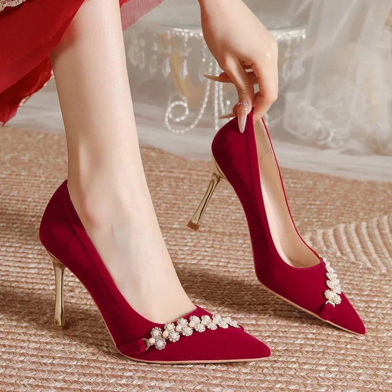 Size 30-44 Red Wedding Shoes Bridal Bridesmaid Solid Color Rhinestone Pearls Thin Heels Women Shoes