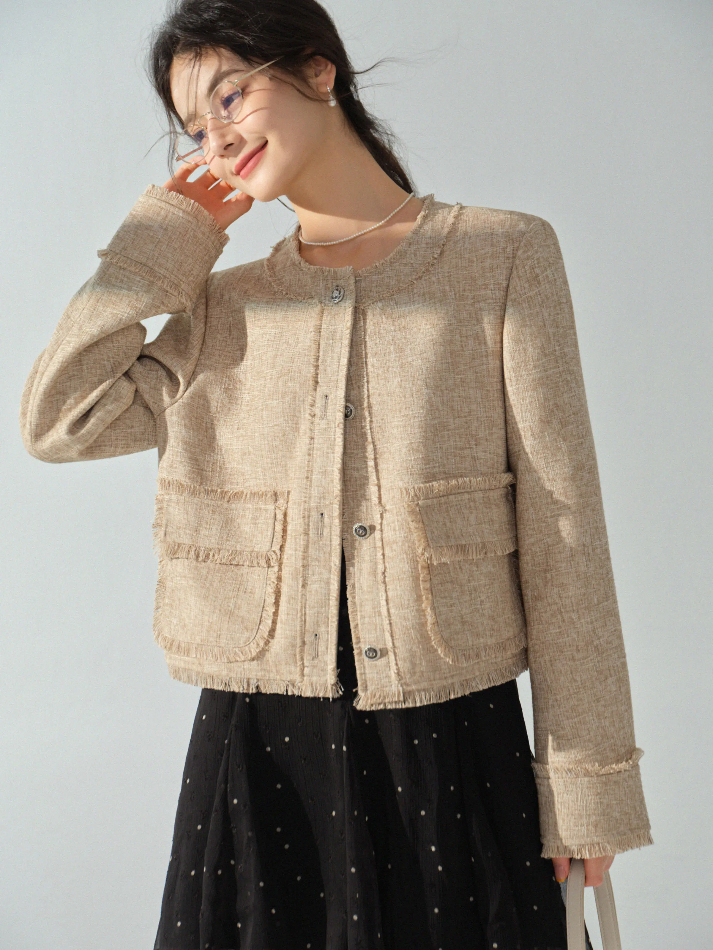 French Round Neck Tweed Jacket for Women Lady Chic Fringe Short Coat Elegant Casual Office Commuter Spring Outerwear Style Daily