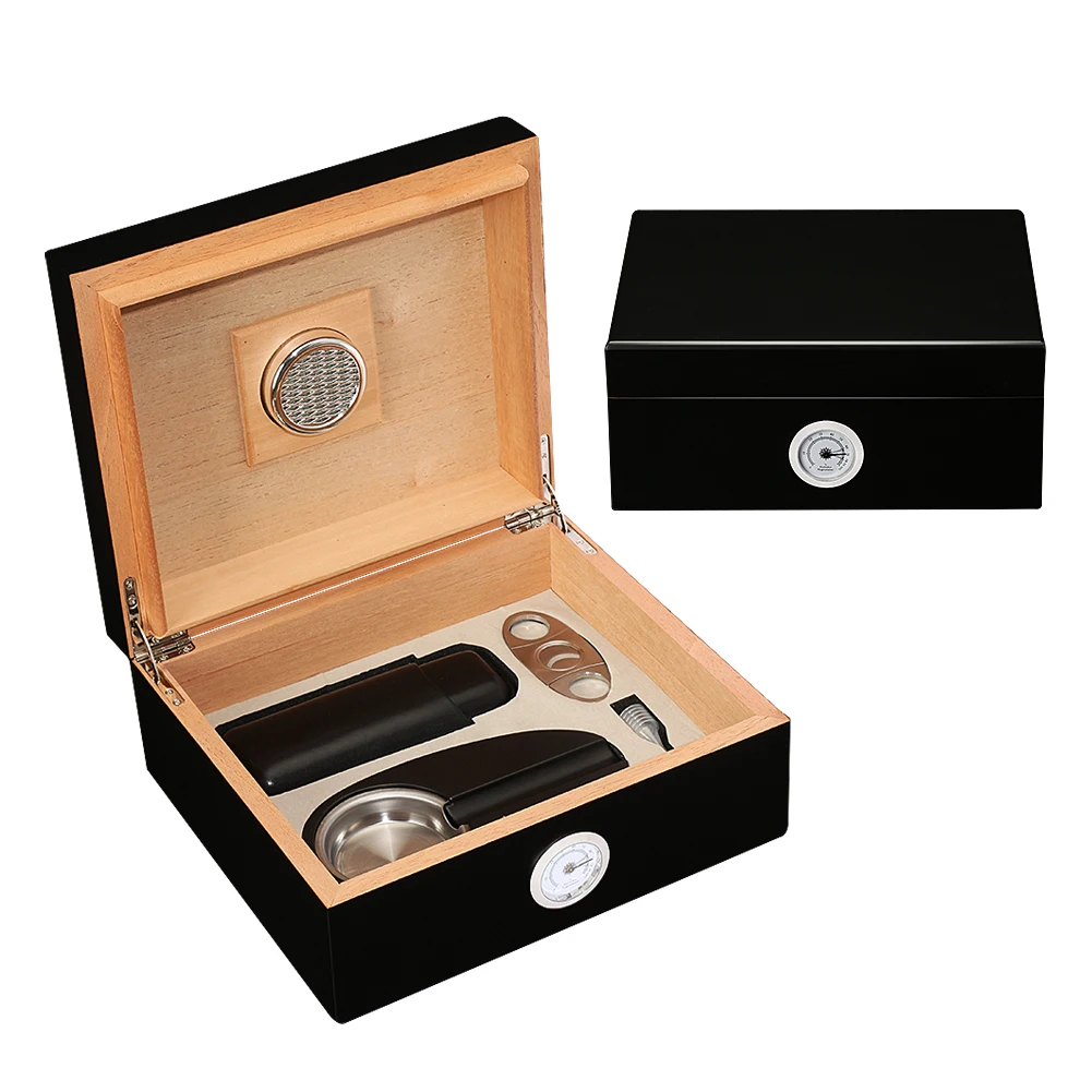 GALINER Cedar Wood Cigar Humidor With Humidifier Sharp Blade Cigar Cutter Ceramic Ashtray Leather Cigar Case Smoking Set