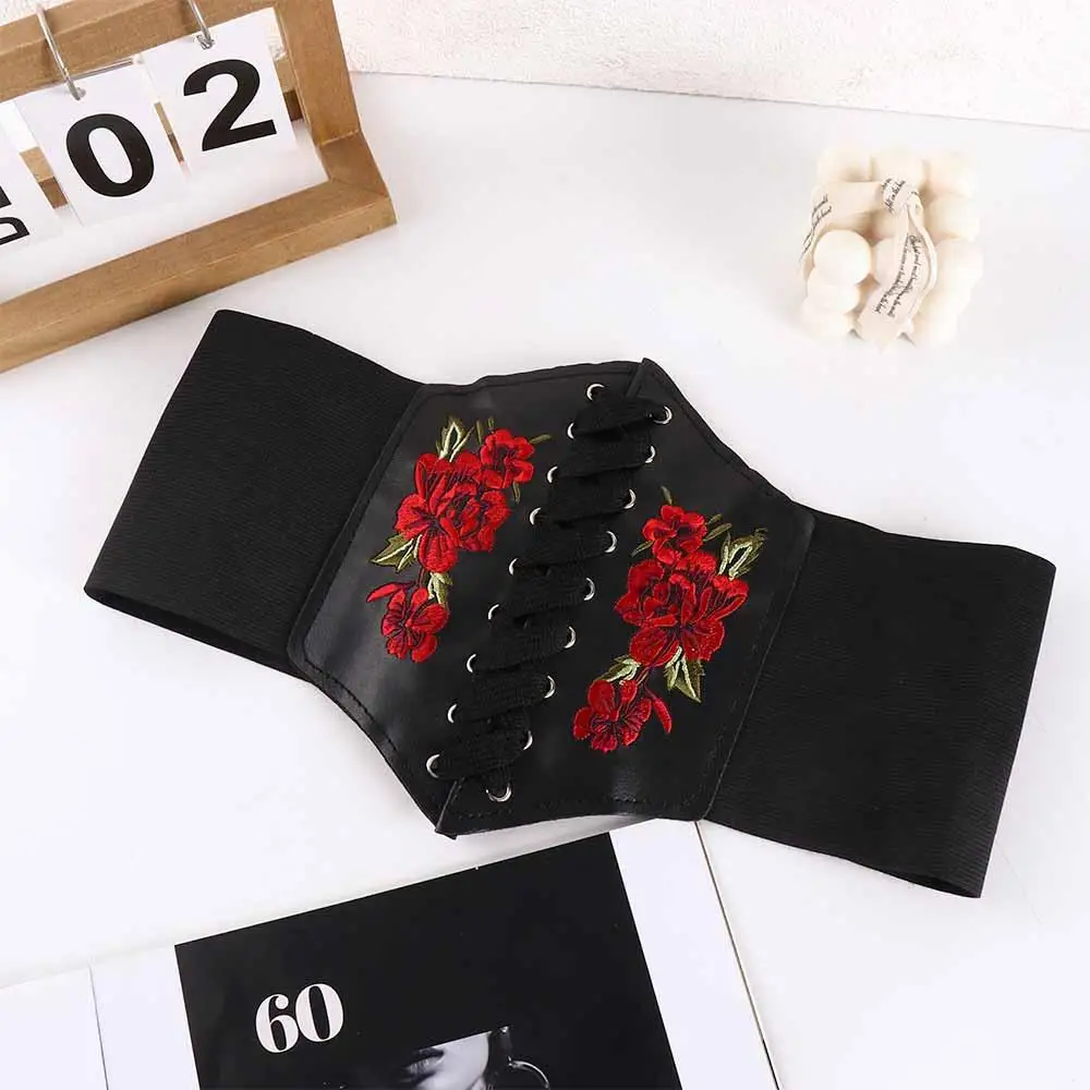 Punk Goth Dress Ornament Embroidery PU Leather Slimming Women Belt Female Dress Cummerbunds Waistband Waist Corset