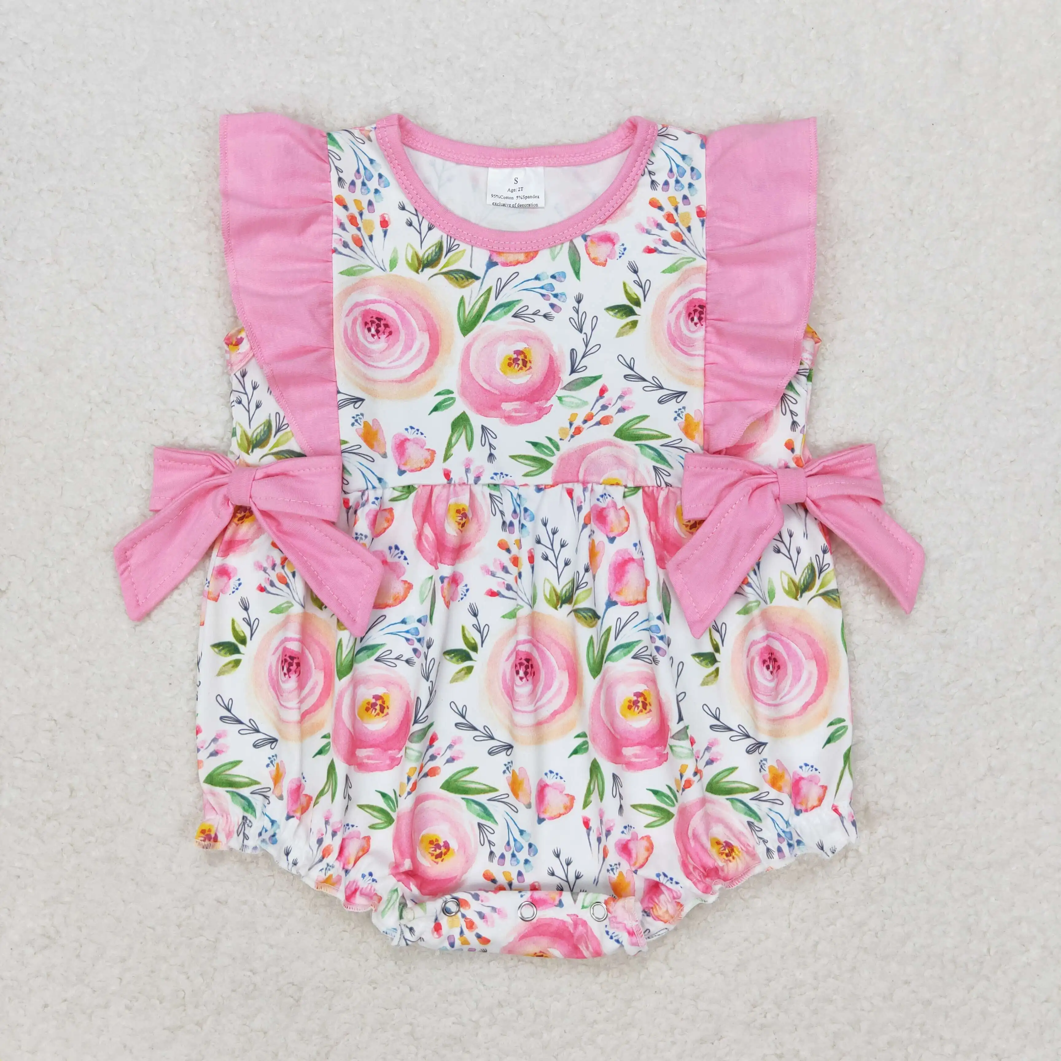 Wholesale hot sale western boutique jumpsuits baby girls clothes rompers newborn toddler Floral pink lace bow vest onesies