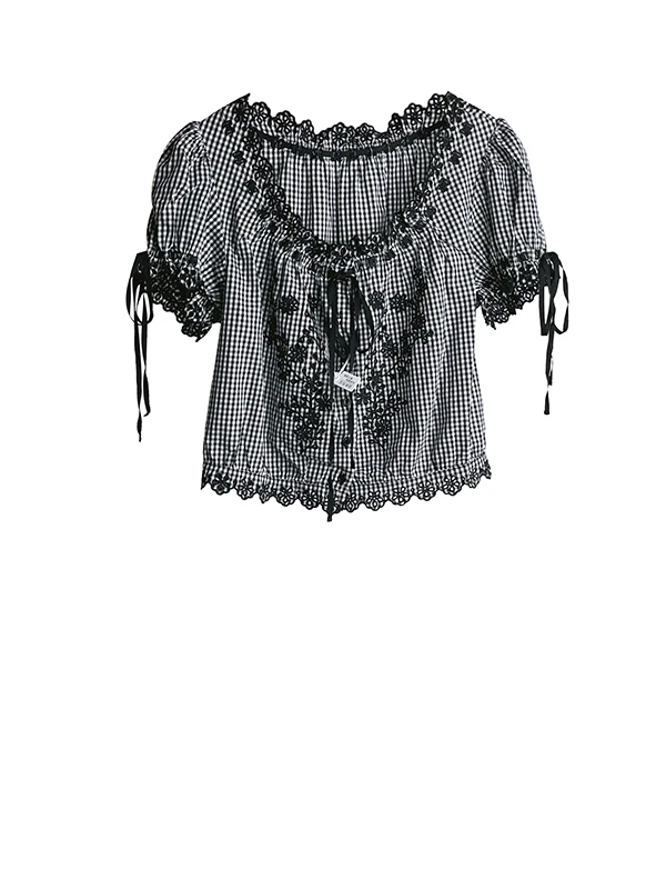 جديد صيف 2025 منقوشة طباعة مطرزة irt كبيرة مستديرة Ne Bubble Sve المرأة سليم صالح ort Sve بلوزة قطن