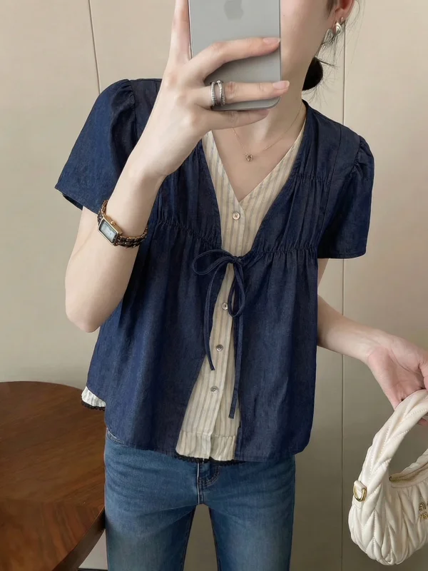 

Loose Fit Blue V-Neck Short Sleeve Women's Shirt Korean Style Commute Fashion plus Size Doll Top Fake Two-Piece Upper Body