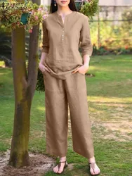 ZANZEA-Ensemble 2 Pièces pour Femme, Pantalon de Travail, Élégant, Couleur Unie, Blouse à Jambes Larges, FjSuit, Survêtement d'Été