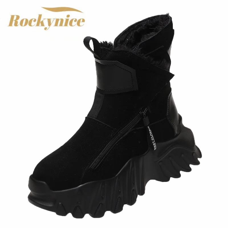 

Женские теплые плюшевые зимние ботинки Нескользящие зимние ботинки 7 см замшевые кожаные массивные кроссовки черные ботильоны на высокой платформе с толстым мехом