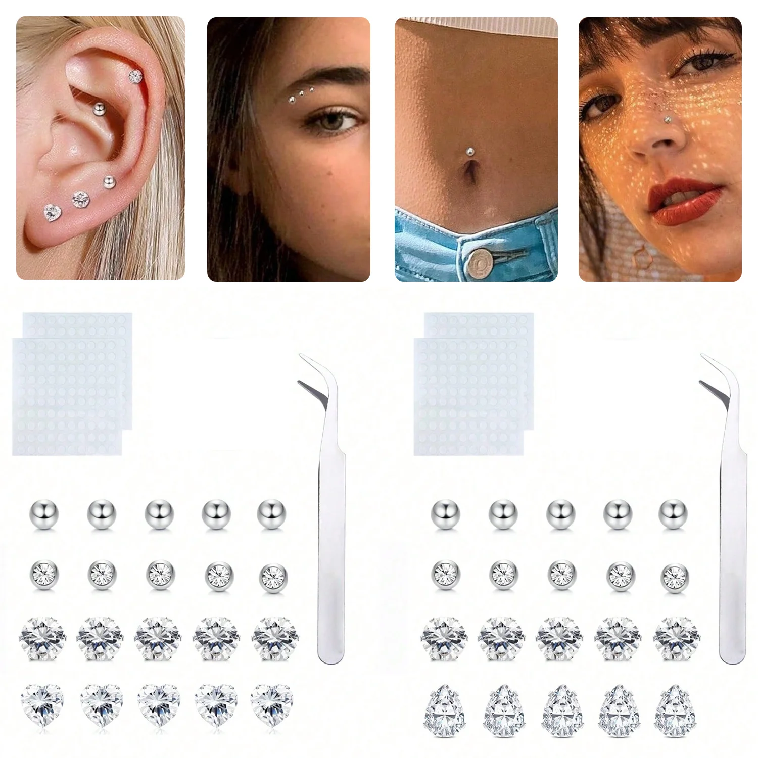 23pcs/Set Fake Eyebrow Rings Fake Lip Rings Fake Stud Earrings Fake Belly Button Rings Fake Piercing Non Piercing Jewelry