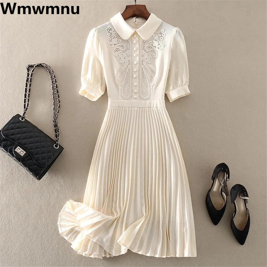 Vintage Lace Pleated Dress Women New Summer Chic Short Sleeve Midi Party Vestido Elegant Pretty A-line Slim A-line Dresses 2023