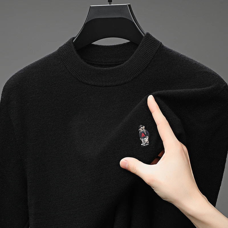 Sheep wool100% Men's autumn high quality long sleeves pullover round neck keep warm embroidery sweater leisure Men's clothing