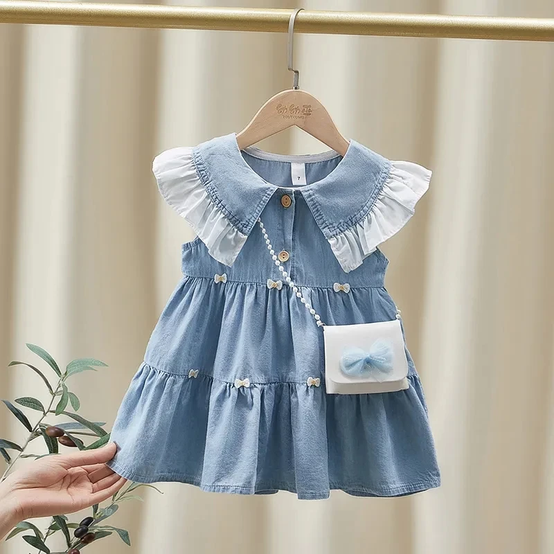 Baby Girls Denim Dress 2023 New Fashionable Children\'s Doll Neck Princess Dress Summer Kids Girls Sleeveless Dress NO Bag