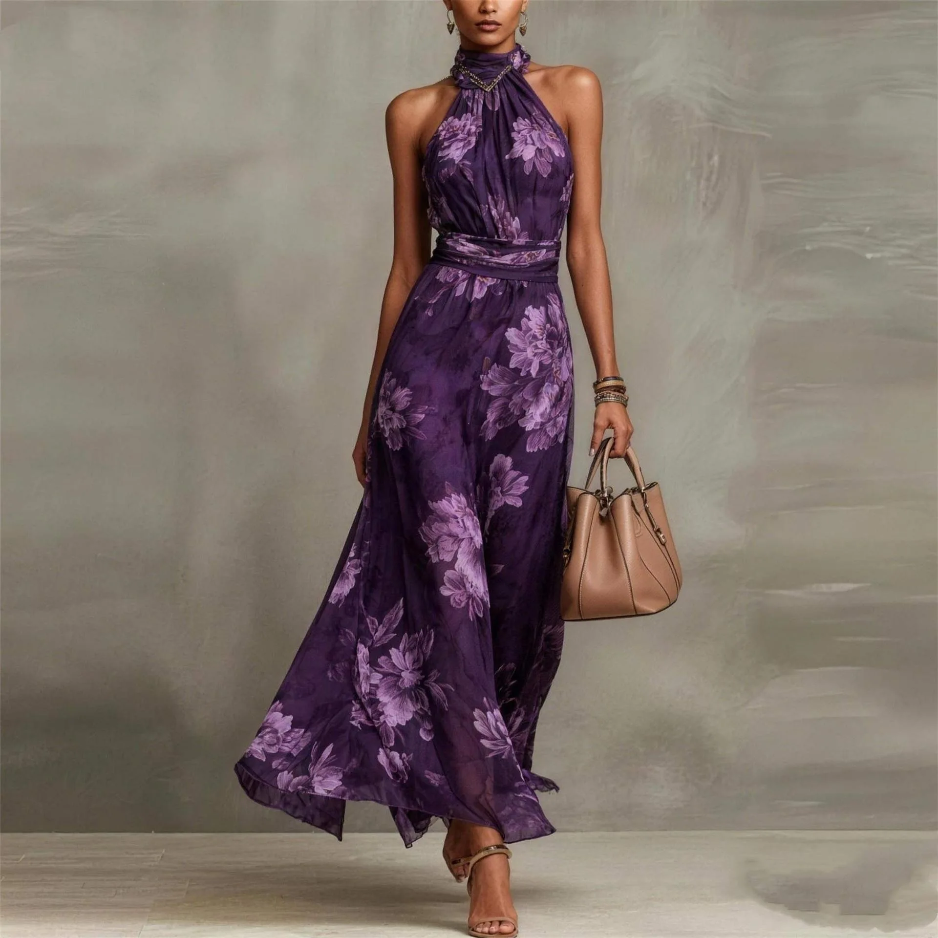 Vintage Maxikleid aus Chiffon mit Neckholder, ärmellos, rückenfrei, hoher Taille, Schlitz, fließend, mit floralem Aquarellmuster für Abend und Hochzeit – Detail 7