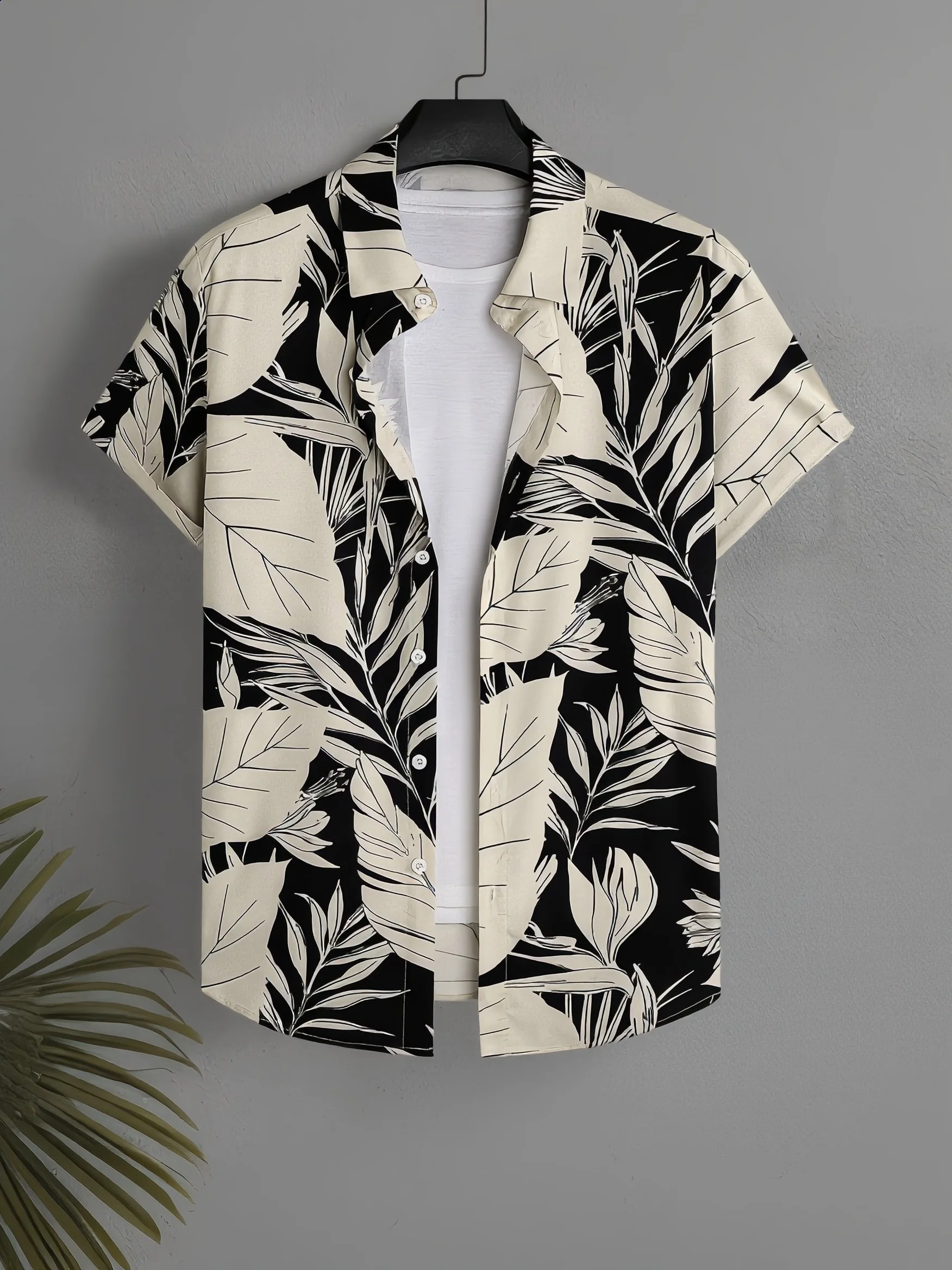 Abstract Plant Graphic Male Short Sleeve Shirt Lightweight Breathable Holiday Wear