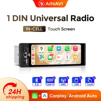 Radio para Auto AINAVI HD IPS con Pantalla Táctil 1 DIN, Carplay Universal, Multimedia Inalámbrico, Android Auto, Tipo-C, USB, BT 5.0, Estéreo 1Din 1