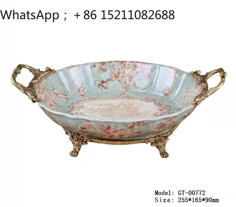 SCY Luxury Restaurant Fruit Plate Candy Biscuit Plate Hand Painted Floral Ceramic with Copper Handle Fruit Pot