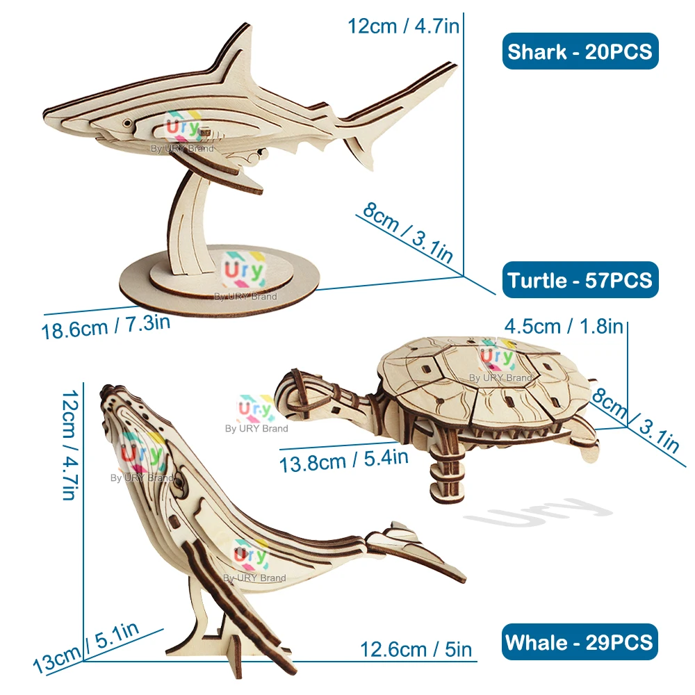 Ury 3D Wooden Puzzle 6 Marine Animals Family Dolphin Whale Sea Turtle Angel Fish Shark Model DIY Educational Toys Gifts for Kids