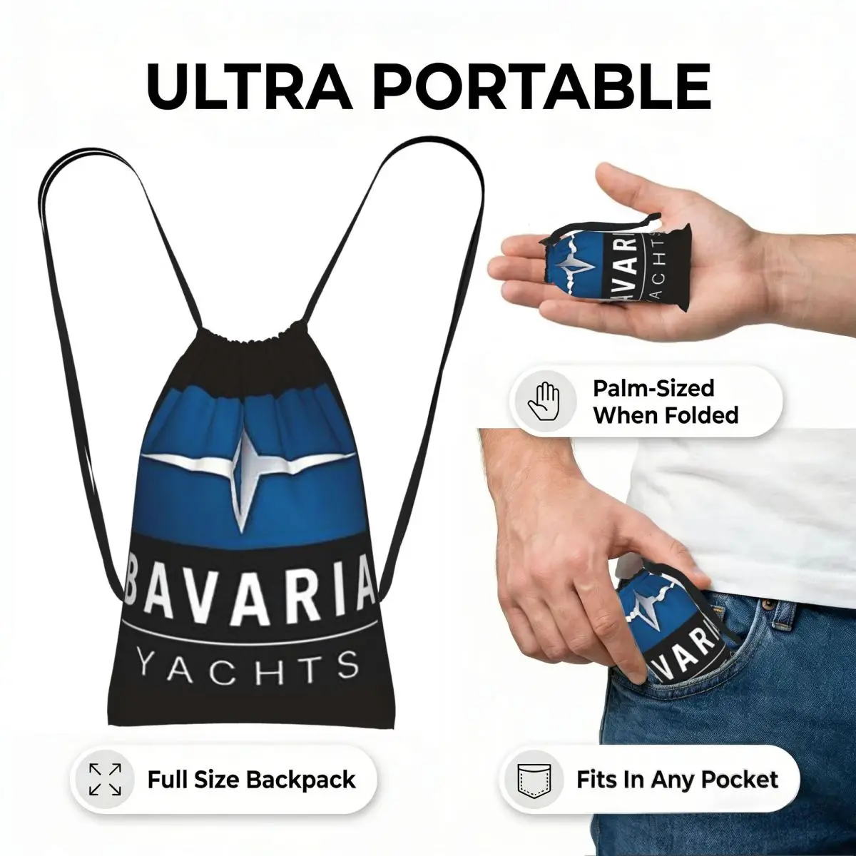 Bavaria Yachts Blue Silver Logo Drawstring Backpack hiking cycling Bag Lightweight Foldable Storage Drawstring Bag for Men Women