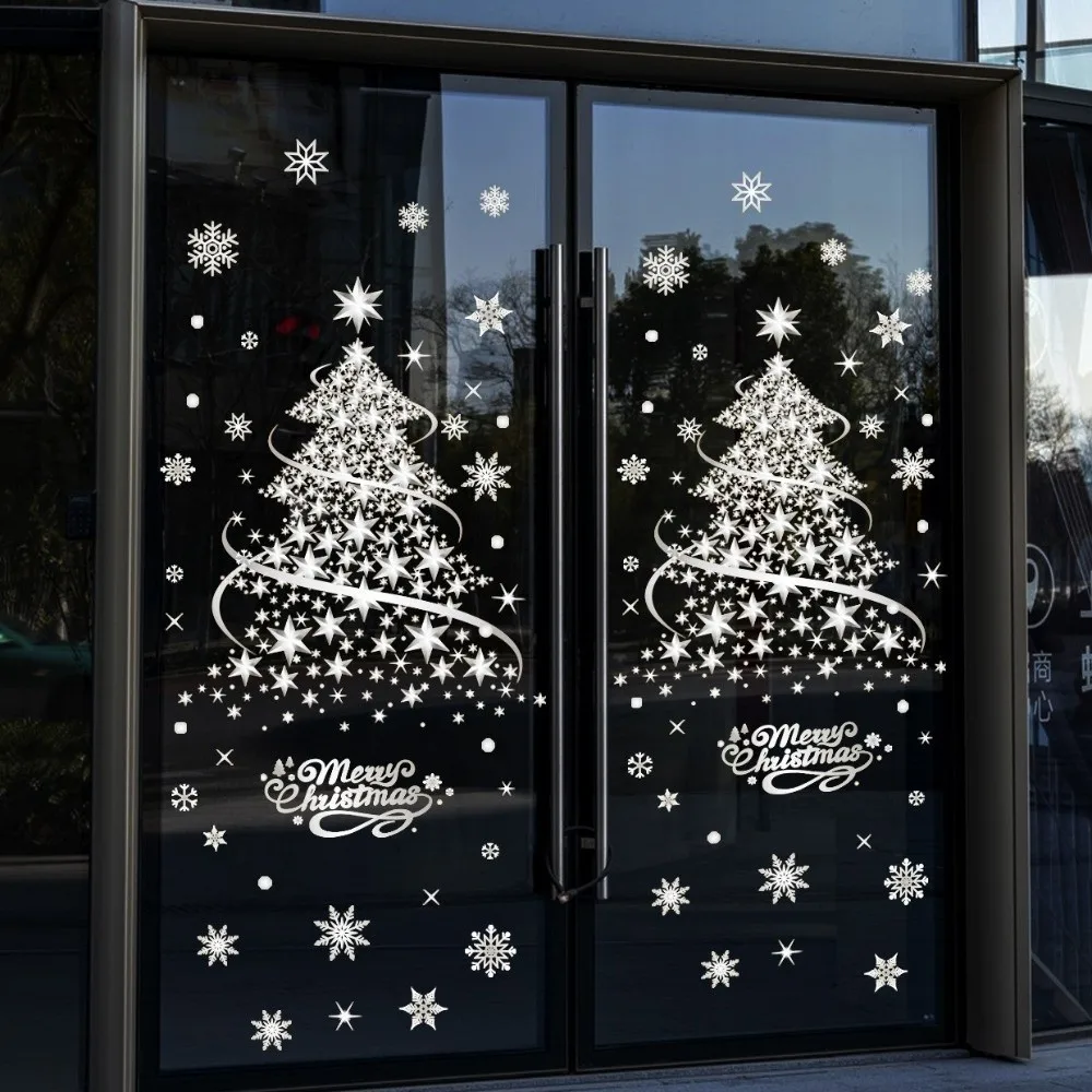 2Sheets Electrostatic Static Cling Christmas Glass Decals Merry Christmas Star Snowflake Pattern Christmas Tree Window Clings