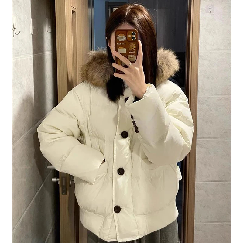 2024 Women\'s Winter Jacket Hooded Slim Big Thick Real Fur Short White Duck Down Filler Coat Female Solid Warm Clothes Snow Suit