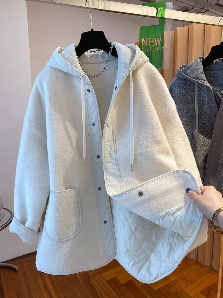 

Fashion Fur Integrated Hooded Jacket Women's Autumn Winter Color Blocked Cotton Coat Korean Loose Thick Warm Quilted Clothes