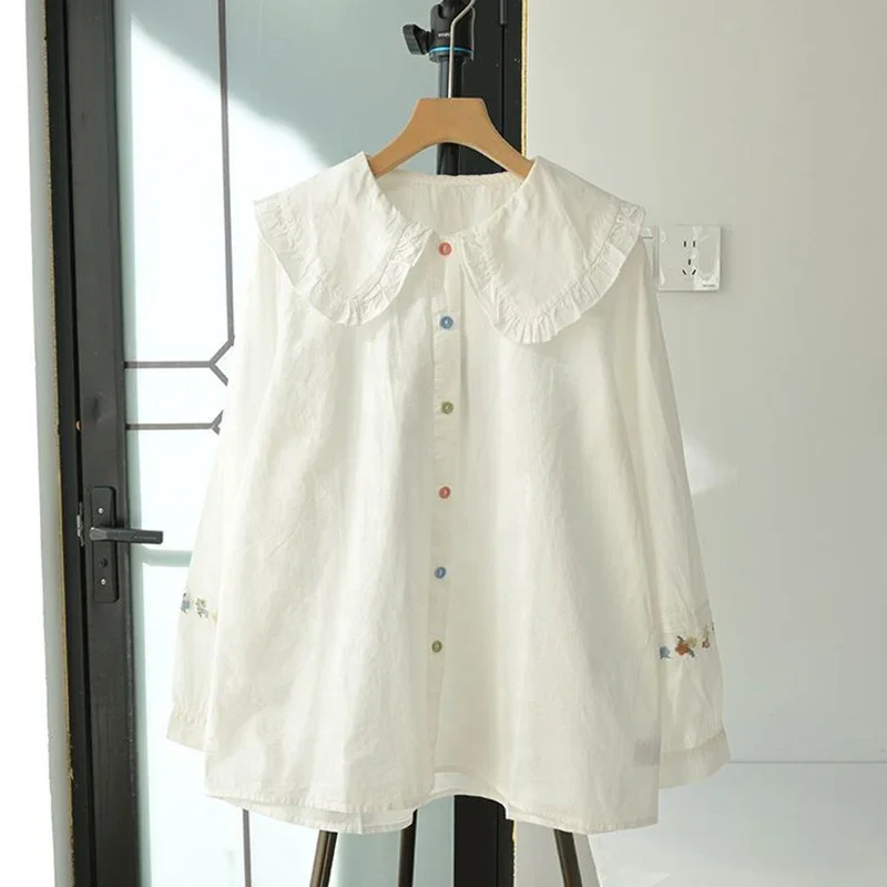صيف جديد قمصان بيضاء النساء Harajuku Preppy الأزهار التطريز المرأة البلوزات الكورية موضة كم طويل بلايز الإناث عادية