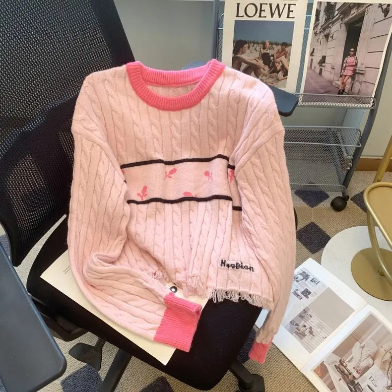 Sweet Knitted Top Style Color-Blocked Striped Long-Sleeved Women Tassel Pullover Super Cute Design Sexy Niche