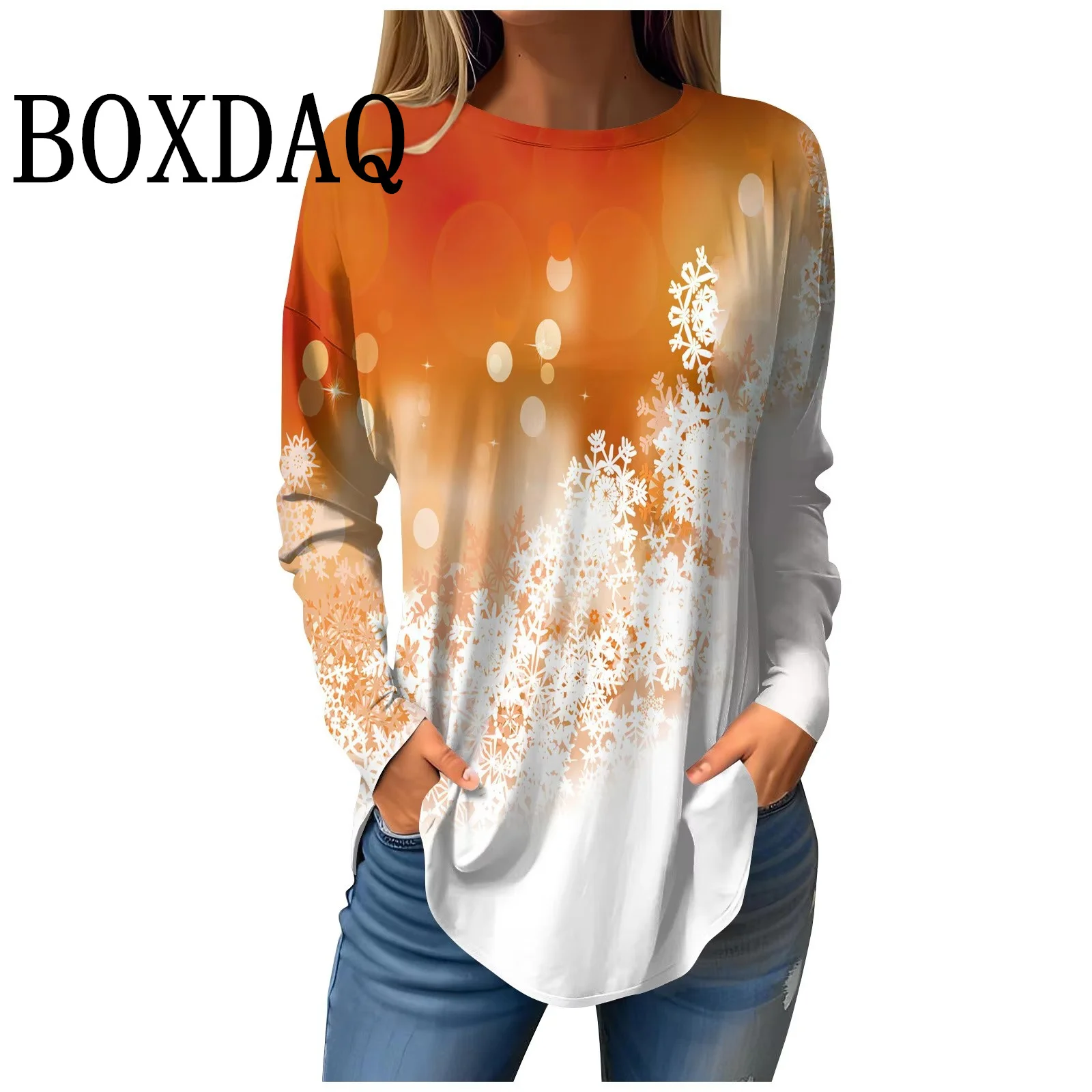 

Осень 2024, повседневные рождественские снежинки, свободные топы, женская одежда с круглым вырезом и длинными рукавами, праздничная вечеринка, модные футболки с рождественским принтом