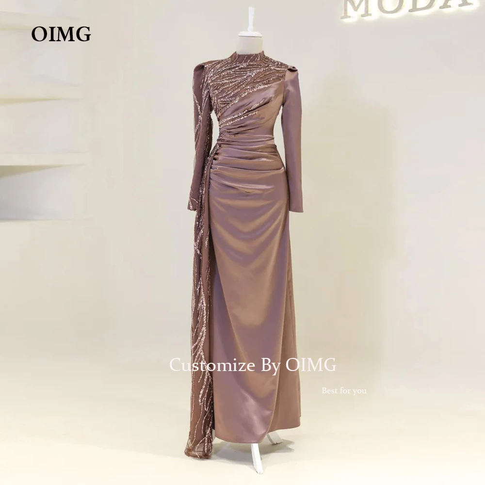 

OIMG Modest Dubai Satin Prom Gowns Sequined Long Sleeves Evening Dresses Saudi Arabic Women Party Dresses Custom Occasion Dress