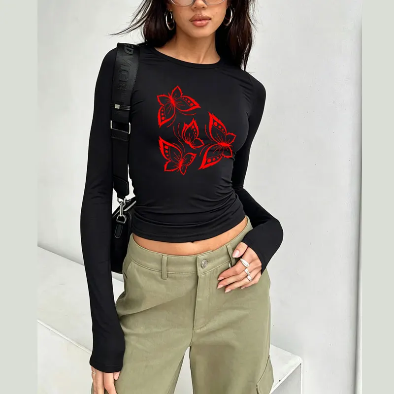 Butterflies Beautiful Print Spring Autumn Women T-Shirt Causal Long Sleeve Crop Tops O Neck Pullovers Tees Slim Fit T Shirt