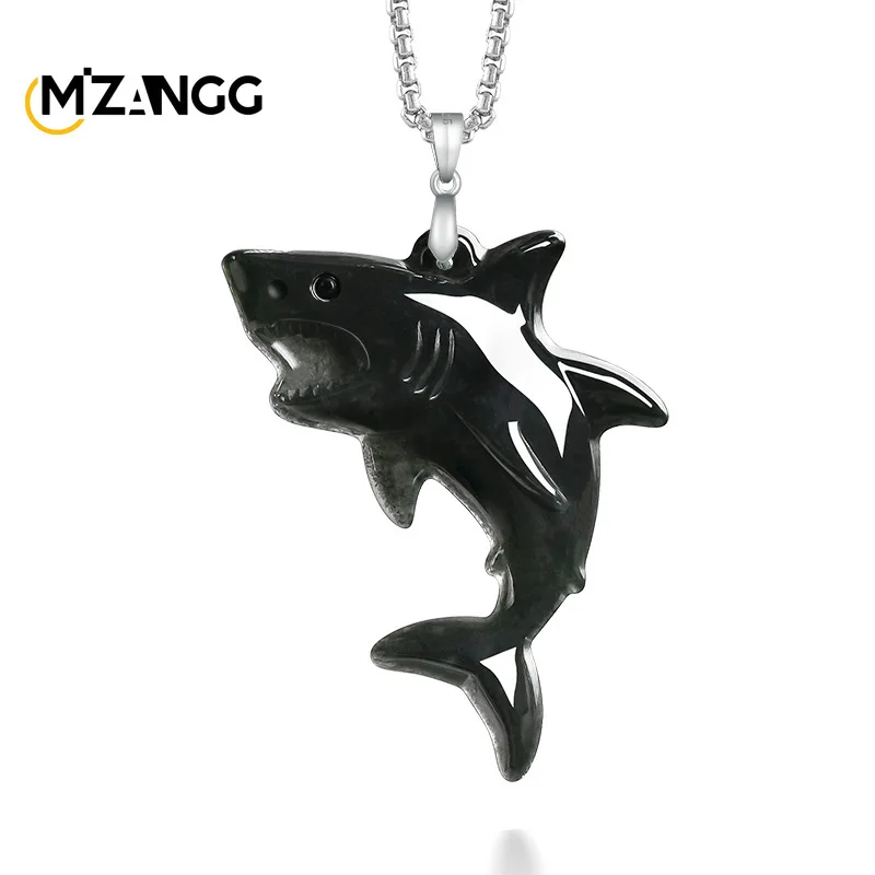 

Natural Grade A Jadeite Shark Pendant Unique Hip-Hop-Style Ice-Type Jade Necklace Men and Women Perfect Holiday Gift