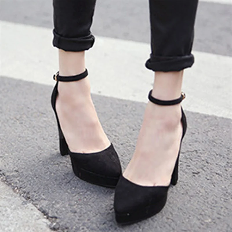 Fashion Women Ankle Strap Sandals Casual Flock Buckle Strap 11cm Thin High Heels Pointed Toe Women Sandals Discount Pumps Black