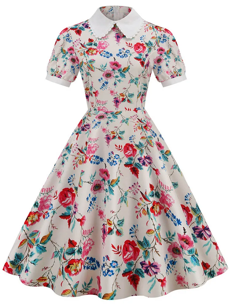 S~3XL  Women Midi Dress Floral Print Peter pan Collar Elegant Party Dress Puff Sleeve Vintage Sundress