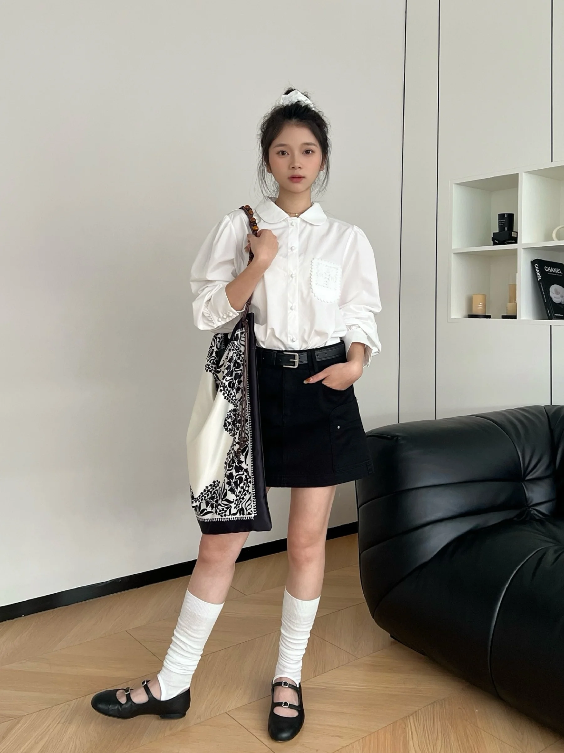 

Vintage Sle Long Sve Loose Fit Women's irt Doll Collar Slimming White Top Faionable Spring Collection