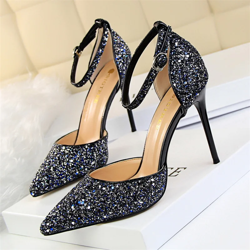 New Summer Women Pointed Toe 7.5cm 9.5cm High Heels Bling Sandals Wedding Bridal Gold Silver Sparkly Sequins Single Shoes