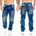 Celana Lurus Tertekan Jeans Pria Saku Denim Gaya Punk Panjang Pergelangan Kaki Pinggang Tengah Cuci Slim Fit Ritsleting Terbang Kurus Antik