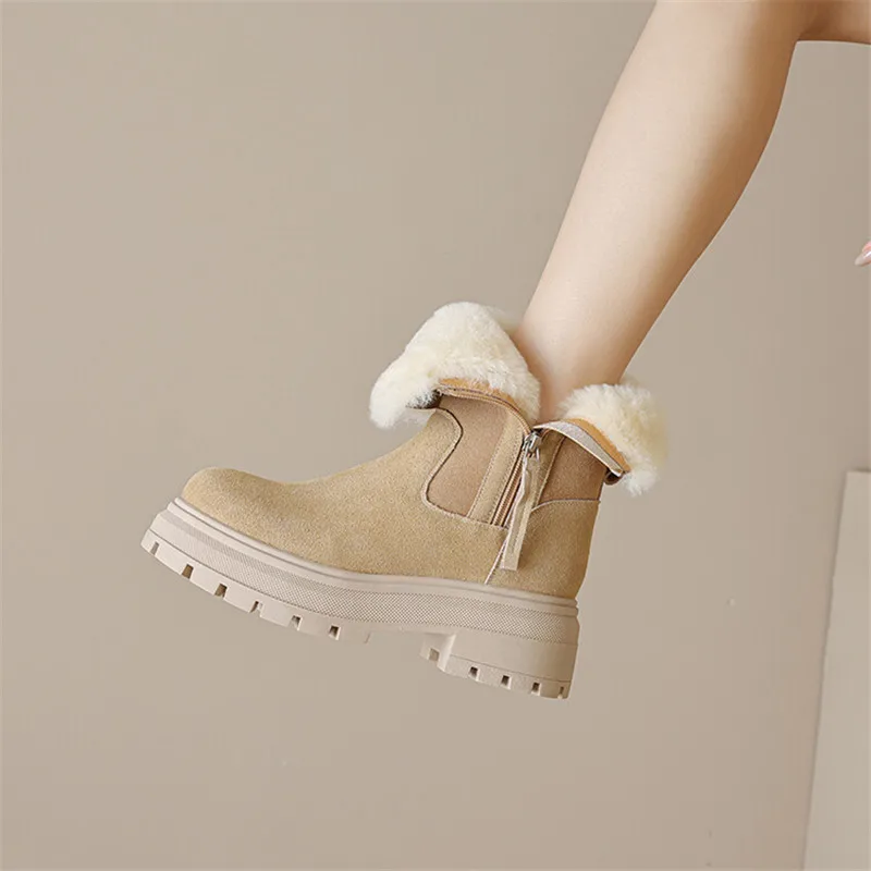 

Cow Suede Snow Boots Platform Boots Women Round Toe Lamb Hair Short Boots for Women Winter Women Boots High Heels Ladies Shoes