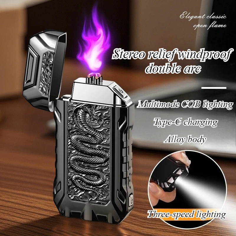

3D Embossed Snake Arc Lighter Rechargeable Cigarette Lighter With Strong Light Illumination Lamp Men'S Gift New Year Gift