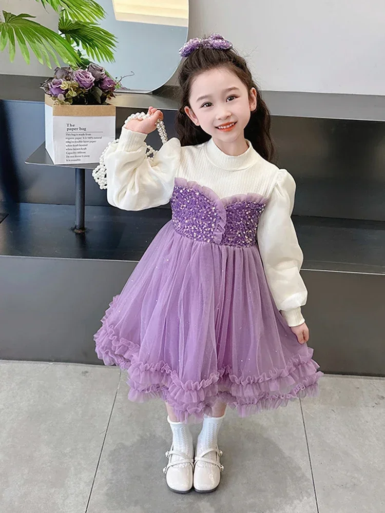 Girl Winter 2025 New Pink Casual Dress Birthday Party Dresses for Girls Purple Fluffy Dress 2-10 Years Spring Sweater Clothes