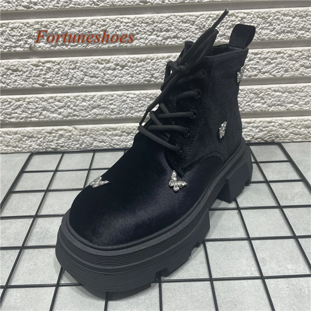 Botas de zíper lateral sólido meados de bezerro dedo do pé redondo salto grosso borboleta strass botas moda casual confortável 2024 mais novas botas