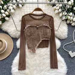 Chic Elegant sexy sheer mesh PATCHWORK cow lool sleeve  t shirt Top Korean Fairy Crop Top basics summer  Wome